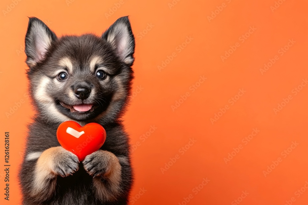 Obraz premium Norwegian elkhound - my cherished dog. Cute norwegian elkhound hound with diamond red heart - symbol of love, funny greeting card. Commercial conceptual art. Love and pets. Love animals.