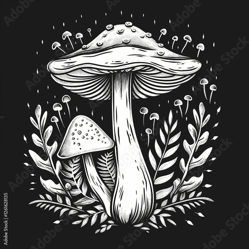 Magic mushrooms growing in fantasy forest botanical illustration