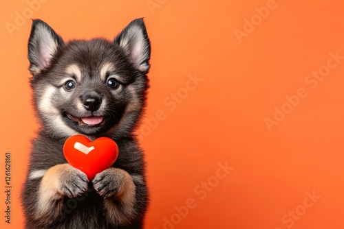 Norwegian elkhound - my cherished dog. Cute norwegian elkhound hound with diamond red heart - symbol of love, funny greeting card. Commercial conceptual art. Love and pets. Love animals. photo