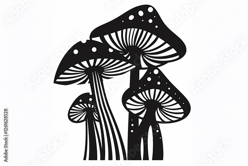 Three decorative mushrooms growing together in black and white artwork
