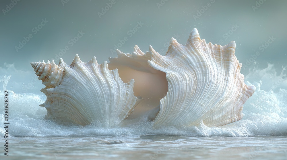 A large seashell partially submerged in gentle ocean waves with a serene background A large seashell partially submerged in gentle ocean waves with a serene background