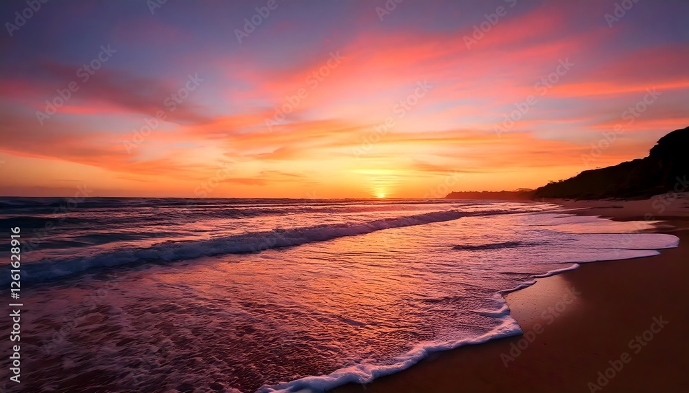 Fototapeta premium Stunning beach sunset with vibrant sky and gentle ocean waves