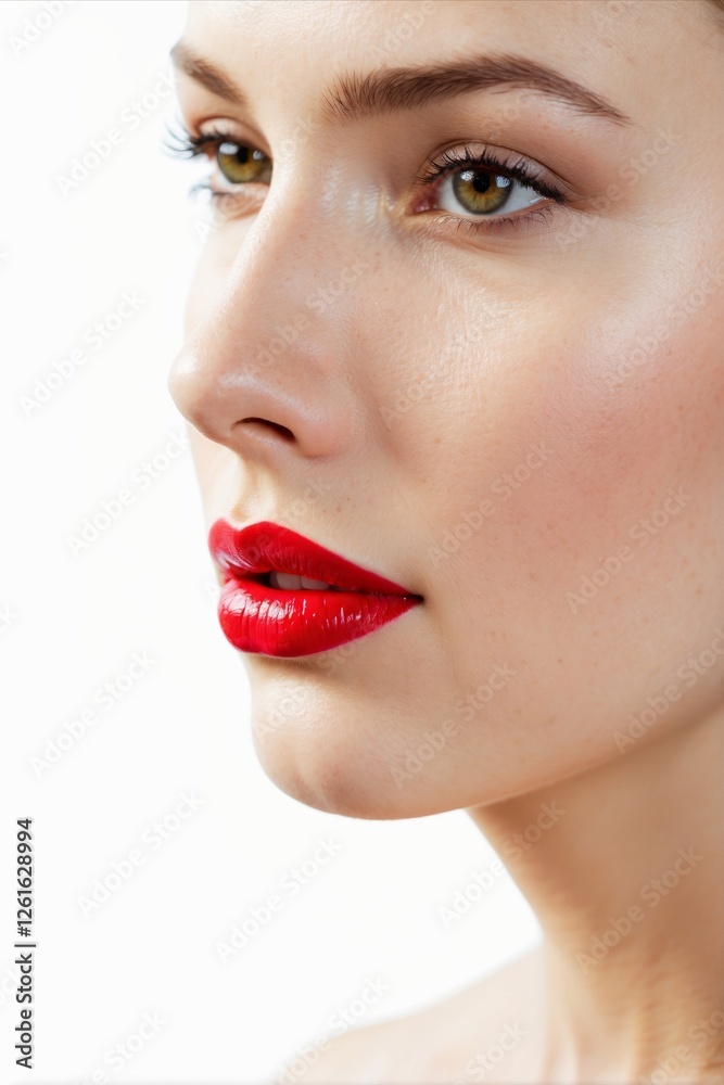 Close-up portrait of caucasian young woman model with glamour red lips make-up, purity complexion. Perfect clean skin Close-up portrait of caucasian young woman model with glamour red lips make-up, purity complexion. Perfect clean skin