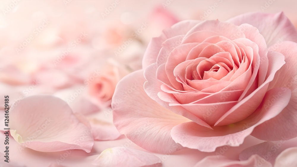 Pink Rose with Petals: A delicate pink rose with soft petals in full bloom, surrounded by scattered rose petals, creates a romantic and elegant aesthetic. Pink Rose with Petals: A delicate pink rose with soft petals in full bloom, surrounded by scattered rose petals, creates a romantic and elegant aesthetic.