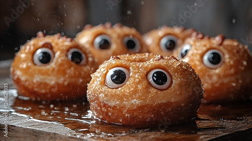 Funny Donuts with Eyes on a Wooden Surface Create Whimsical Treat