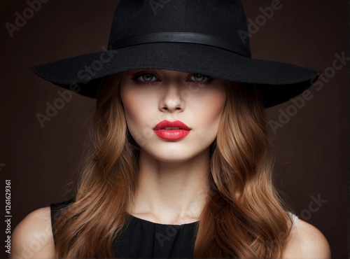 Fashion photo of young magnificent woman in hat. Girl posing. Studio photo. Perfect Makeup