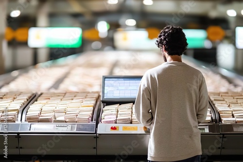 A high-speed sorting machine processes thousands of letters per hour. A worker observes the operation