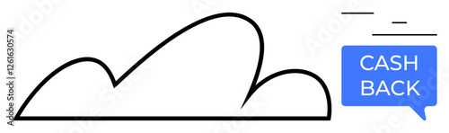 Black outline of a cloud next to blue chat box labeled CASH BACK . Ideal for promotions, rewards, savings, customer loyalty programs, discount notifications, financial incentives, ecommerce