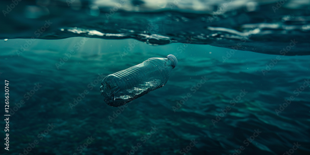 Naklejka premium Plastic Bottle Floating Underwater with Sunlight Filtering Through Dark Blue Water