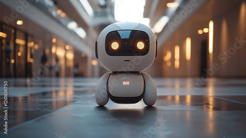 Wallpaper Mural A small white robot with glowing eyes stands in a brightly lit shopping mall on a shiny tiled floor Torontodigital.ca