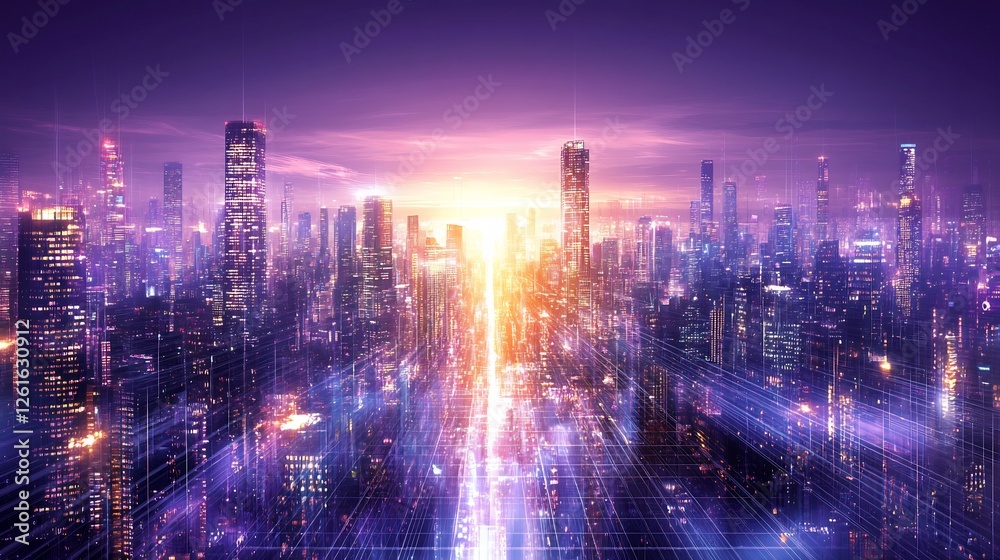 Fototapeta premium Vibrant purple sunset illuminates futuristic city skyline dynamic composition. AI Generated