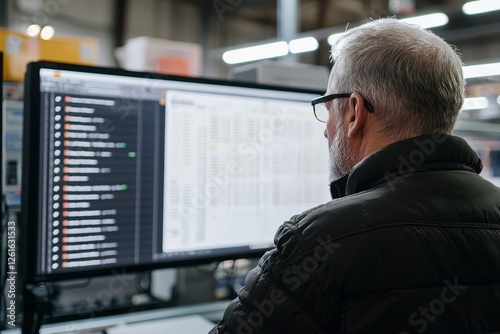 A supervisor checks a digital screen displaying real-time logistics data. In the background, workers move efficiently through rows of mail stations