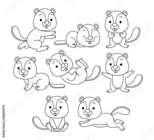 Set of beaver doodle collection, flamingo outline coloring page book animals for kindergarten, Vector line art set of animals wildlife, Hand drawn, Minimal beaver line art doodle in different pose