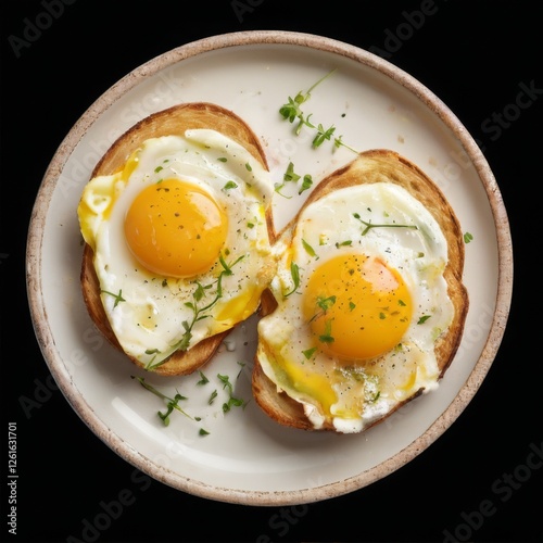 Delicious sunnyside up egg on golden toast with drizzled sauce and fresh herbs on a white plate. photo