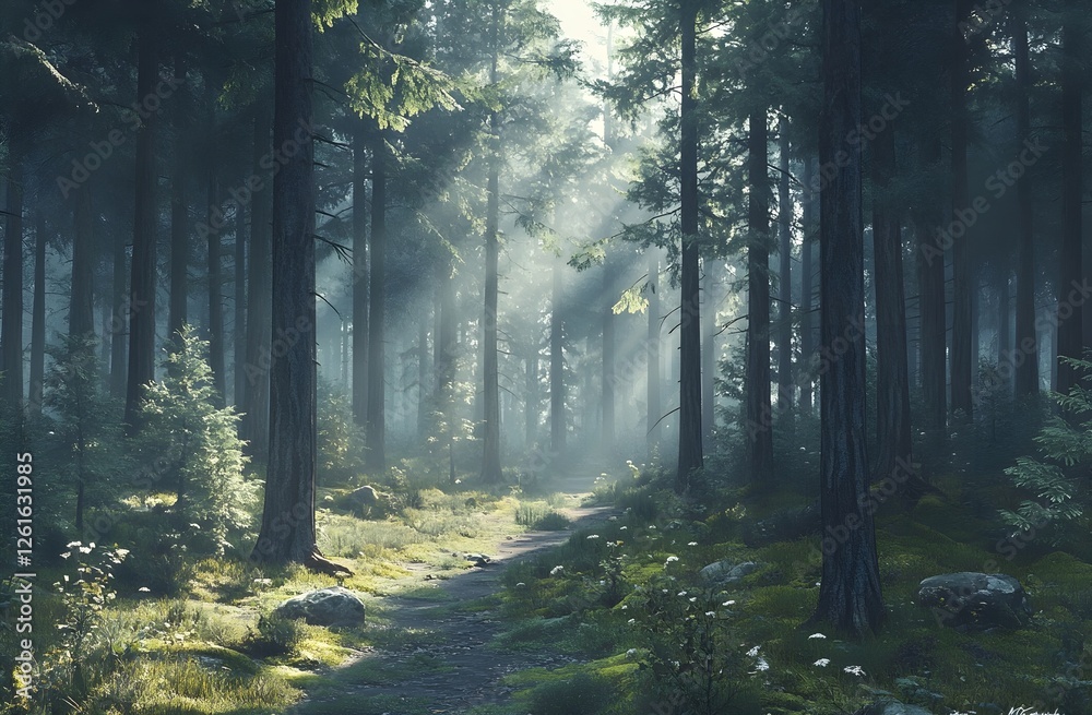 Obraz premium tranquil forest scene with flowing typography for World Introvert Day theme. peace and calm