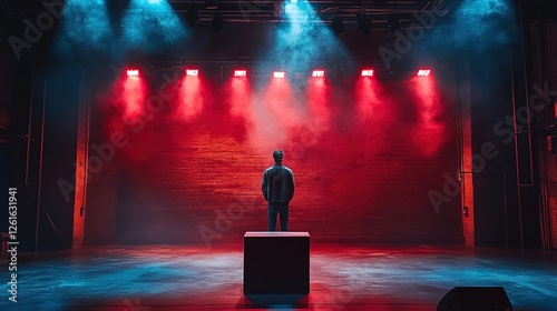 A live performance podium with an actor delivering a dramatic monologue, theatrical lights and stage design