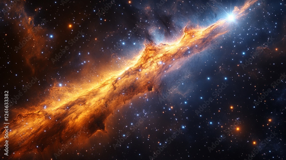 Fototapeta premium Cosmic radio jet erupts from a luminous source, traversing the vast expanse of deep space. 