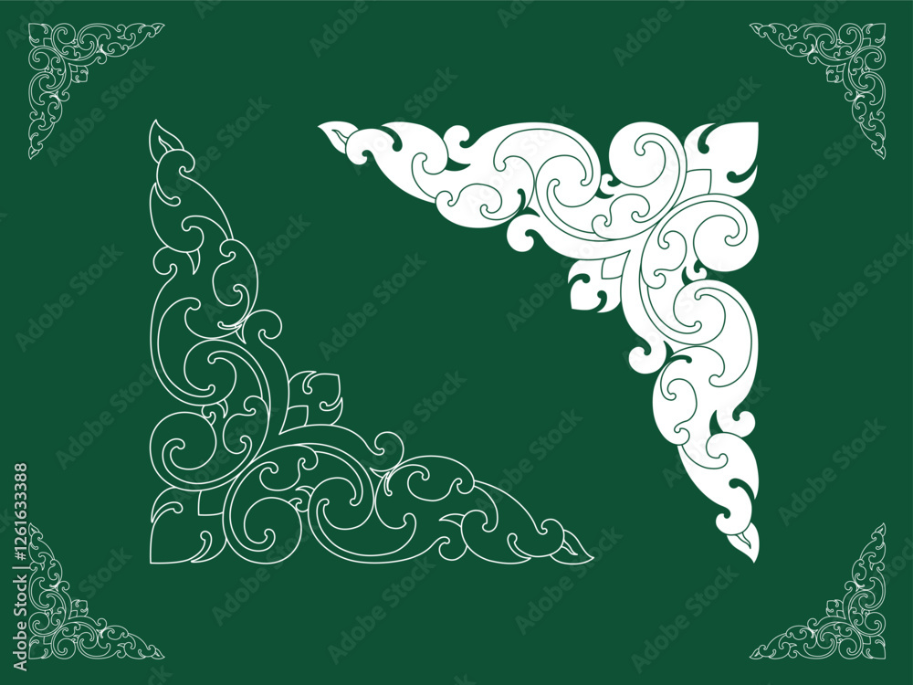 Khmer ancient art drawing for corner frame ornament. This style is drawing base on sculpture art of Angkor Wat, Siem Reap, Cambodia. Traditional ornament art Cambodia.
