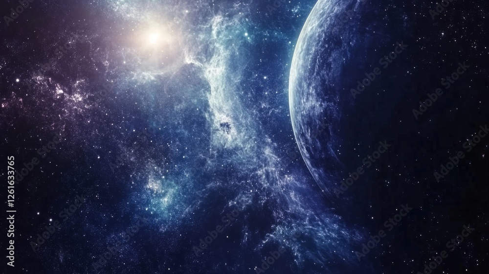 Fototapeta premium Cosmic radio jet erupts from a luminous source, traversing the vast expanse of deep space.