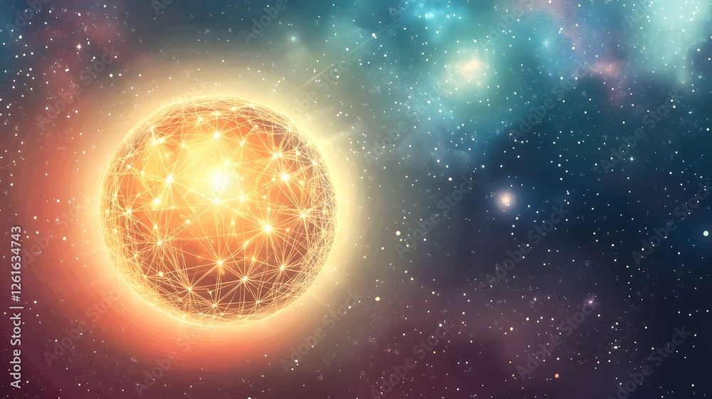A glowing network sphere shines amidst a starry galaxy