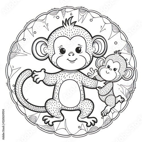 Cute Monkeys Doodle Mandala Coloring Page Kids Design. Perfect for children's coloring books, printable activity sheets	