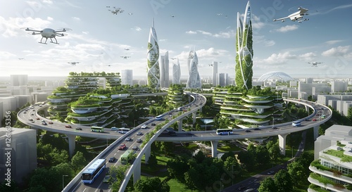 Fototapeta Naklejka Na Ścianę i Meble -  Ecometropolis pioneers a smart, sustainable city with green spaces, eco-friendly buildings, clean energy vehicles, AI.
