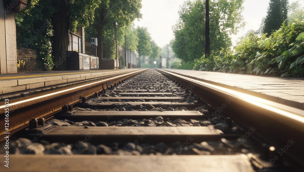Obraz premium Urban train tracks leading to distant trees on a sunny morning