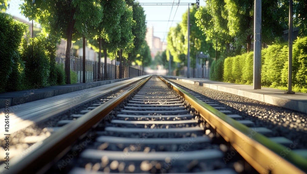 Fototapeta premium Sunny urban train tracks perspective through green trees