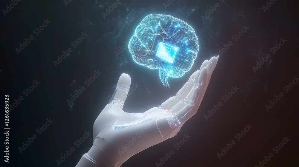 Robotic hand holding holographic brain with a central processor