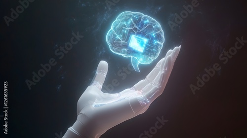 Obraz na płótnie Robotic hand holding holographic brain with a central processor w salonie