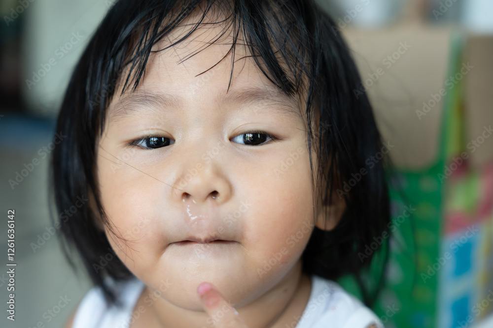 sick asian children sneezing and runny nose with seasonal influenza, allergic, high fever and influenza, resting, virus, coronavirus, feel illness, respiratory, flu, RSV.