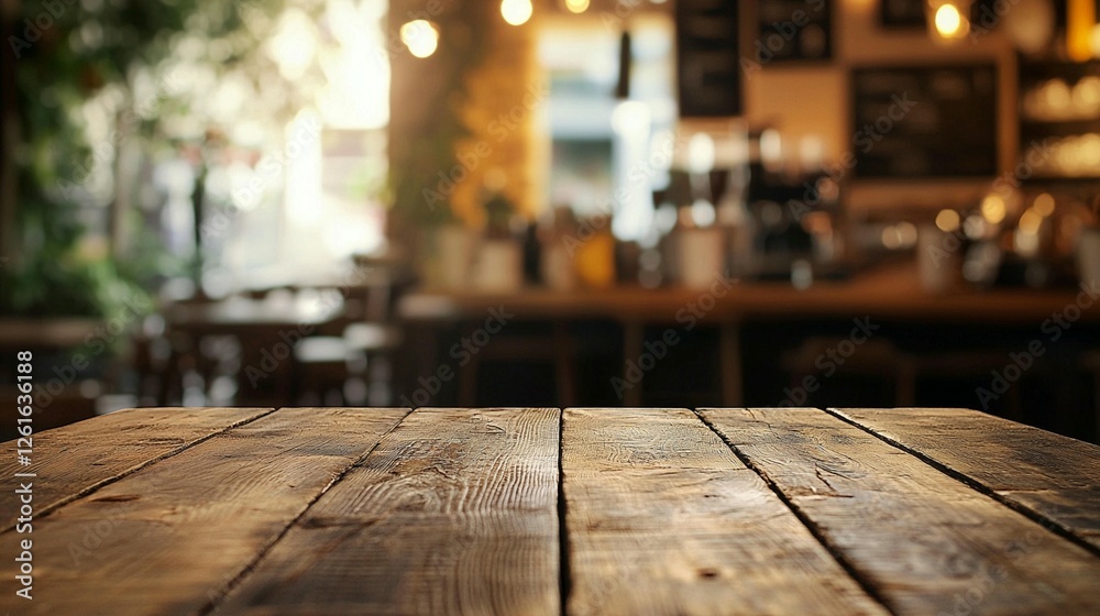 Empty wooden table in front of a blurred cafe interior. (1)