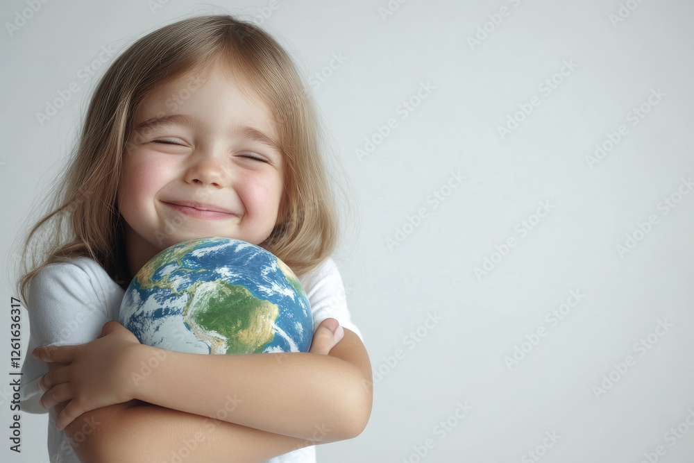 A young child hugging a small globe with a happy and loving expression, isolated on a pure white background A young child hugging a small globe with a happy and loving expression, isolated on a pure white background