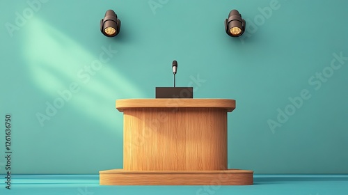 A conference podium with wireless microphone, digital display behind the speaker