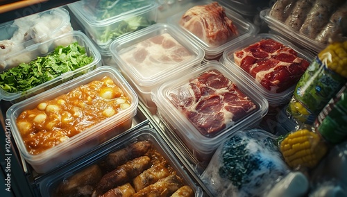 Refrigerated food display of pre-prepared meats and vegetables photo