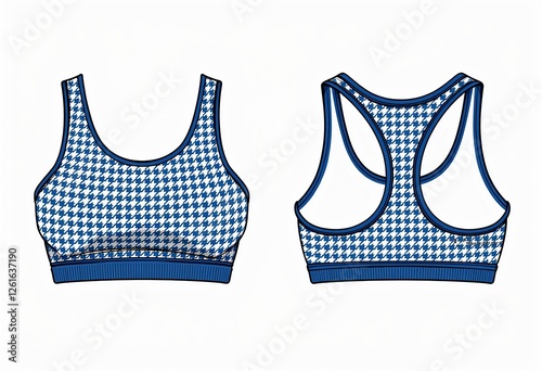 Women's Houndstooth Sports Bra Technical Illustration: Slim Fit, Crop Top, Straps, Front & Back Views, Activewear CAD Mockup, White & Blue Vector Design.

