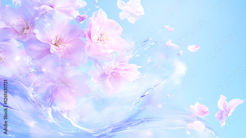 Ethereal Pink Floral Dreamscape with Sparkling Water and Delicate Blossoms in Artistic Style Ethereal Pink Floral Dreamscape with Sparkling Water and Delicate Blossoms in Artistic Style