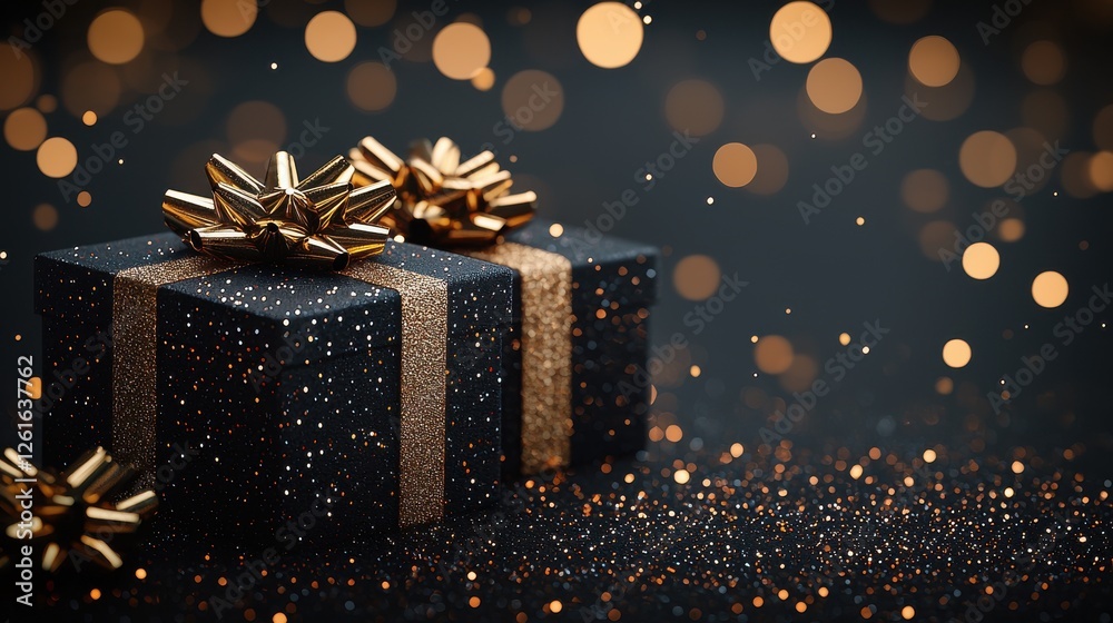 Black gift box with a gold bow on top isolated on a white background for holiday or special occasion gifting Black gift box with a gold bow on top isolated on a white background for holiday or special occasion gifting
