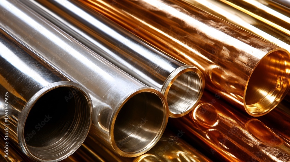 Naklejka premium Gleaming metallic pipes reflect warm light showcasing vibrant copper and steel hues. AI Generated