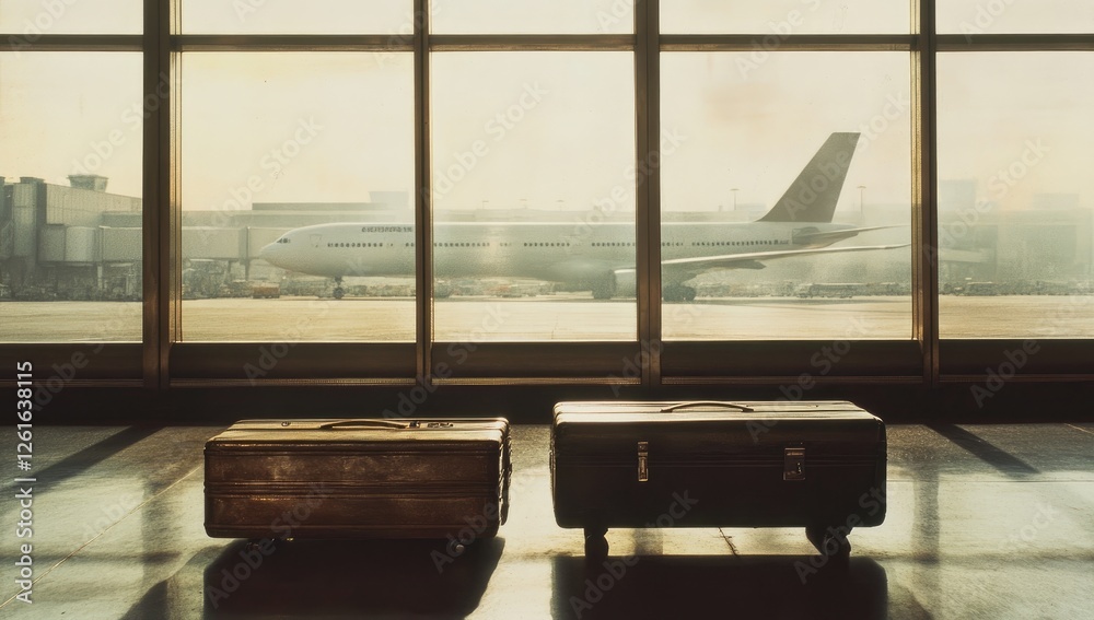 Fototapeta premium Airport waiting area, vintage suitcases, airplane visible through windows