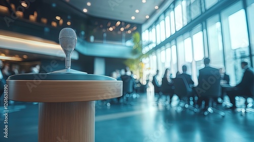 A conference podium with business professionals networking in the background, sleek office decor