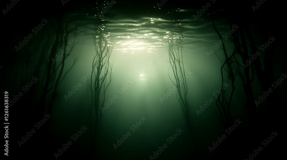 Obraz premium Ethereal Underwater Forest Sunlit Scene with Abstract Oceanic Flora and Refracted Light Patterns