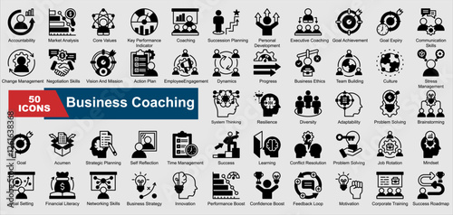 Business Coaching collection set. Accountability, Market Analysis, Core Values, Key Performance Indicator, Coaching, Succession Planning, Personal Development, Executive Coaching, Goal Achievement.