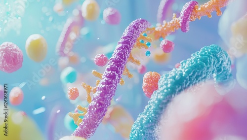 Colorful DNA Molecules Interacting with Cells in Abstract Environment photo