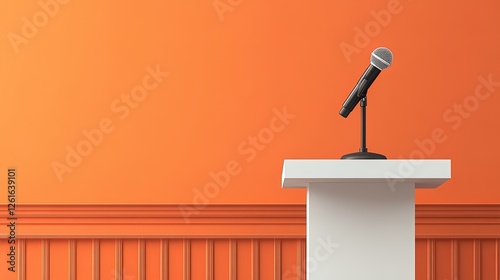 A conference podium with a microphone and presentation slides behind, professional setup for a speaker