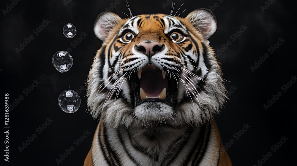 Naklejka premium Roaring Tiger with Bubbles Portrait Dramatic Wildlife Close-up Animal Photography