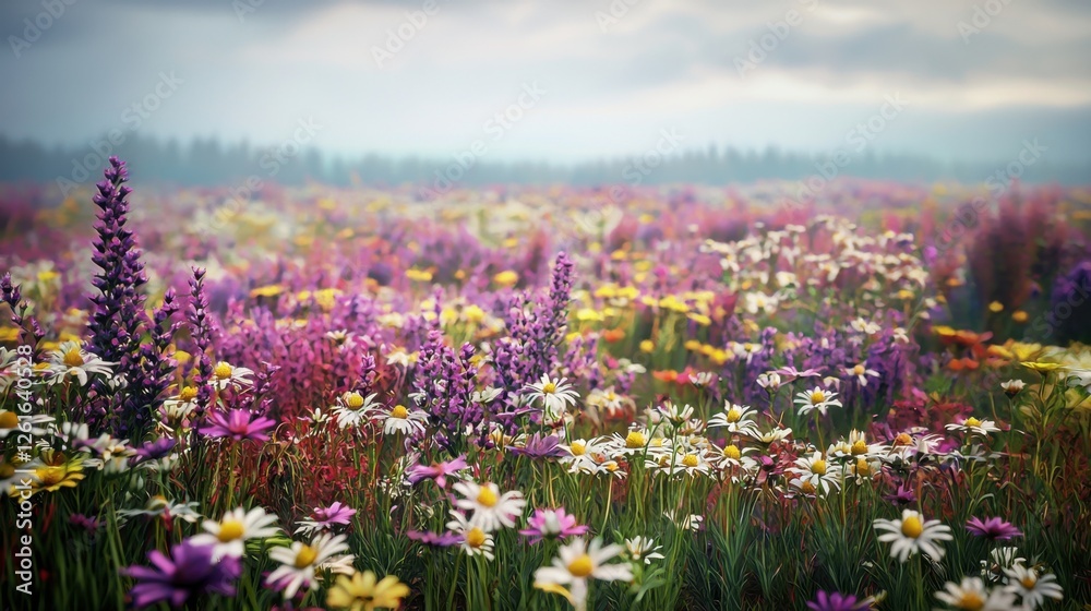 Fototapeta premium The earth healing: withered ground reviving into a dense, colorful floral field.