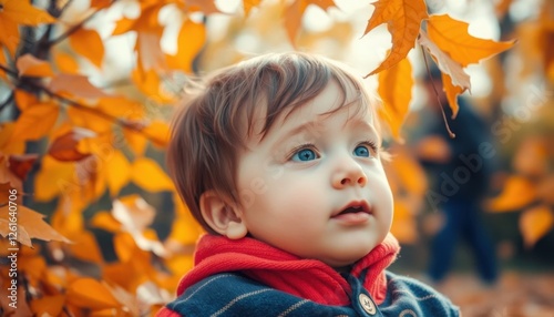 Little child boy in autumn orange leaves, outdoor.