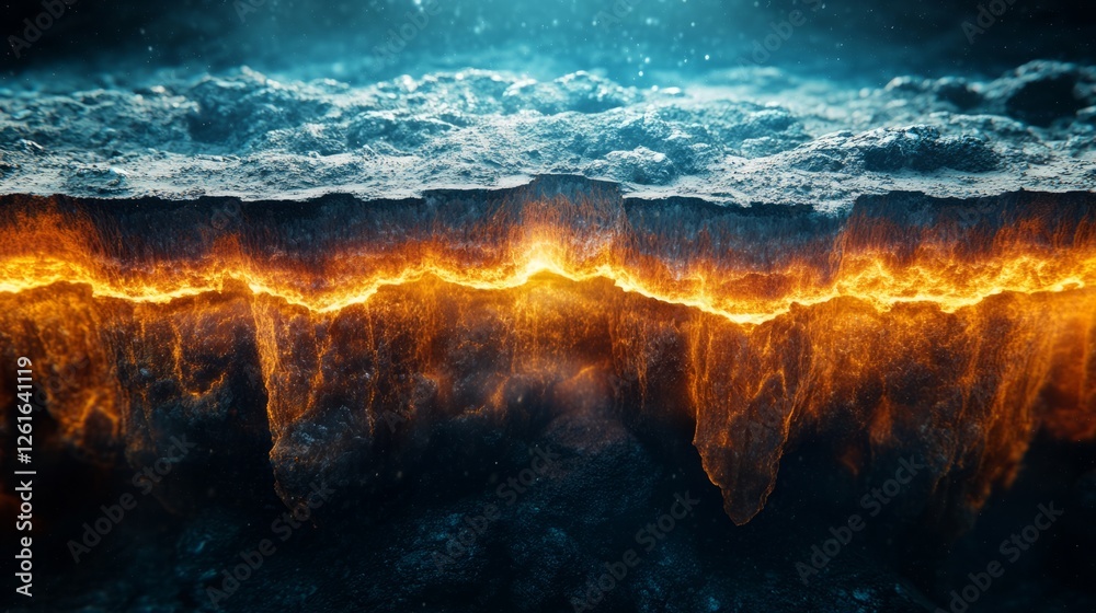 Fototapeta premium Cross-section of Earth's layers with glowing anomalies, revealing abstract geological dynamics.