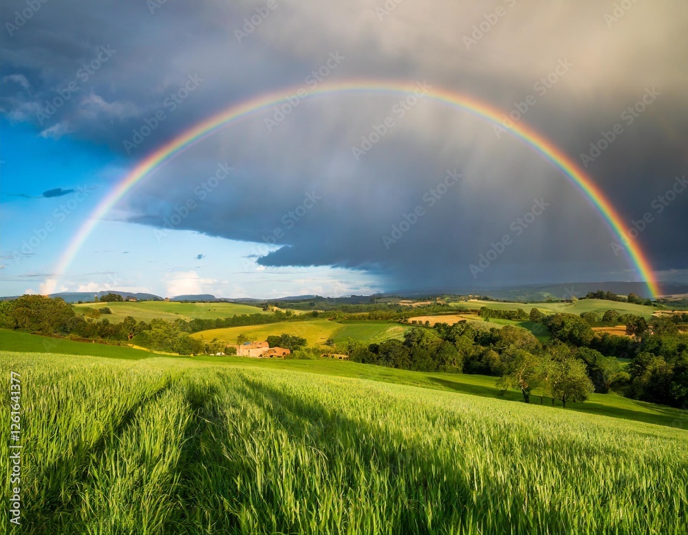 Naklejka premium Documenting the Dramatic Contrast of a Rainbow Appearing After a Heavy Rainstorm Over a Rolling Countryside Landscape